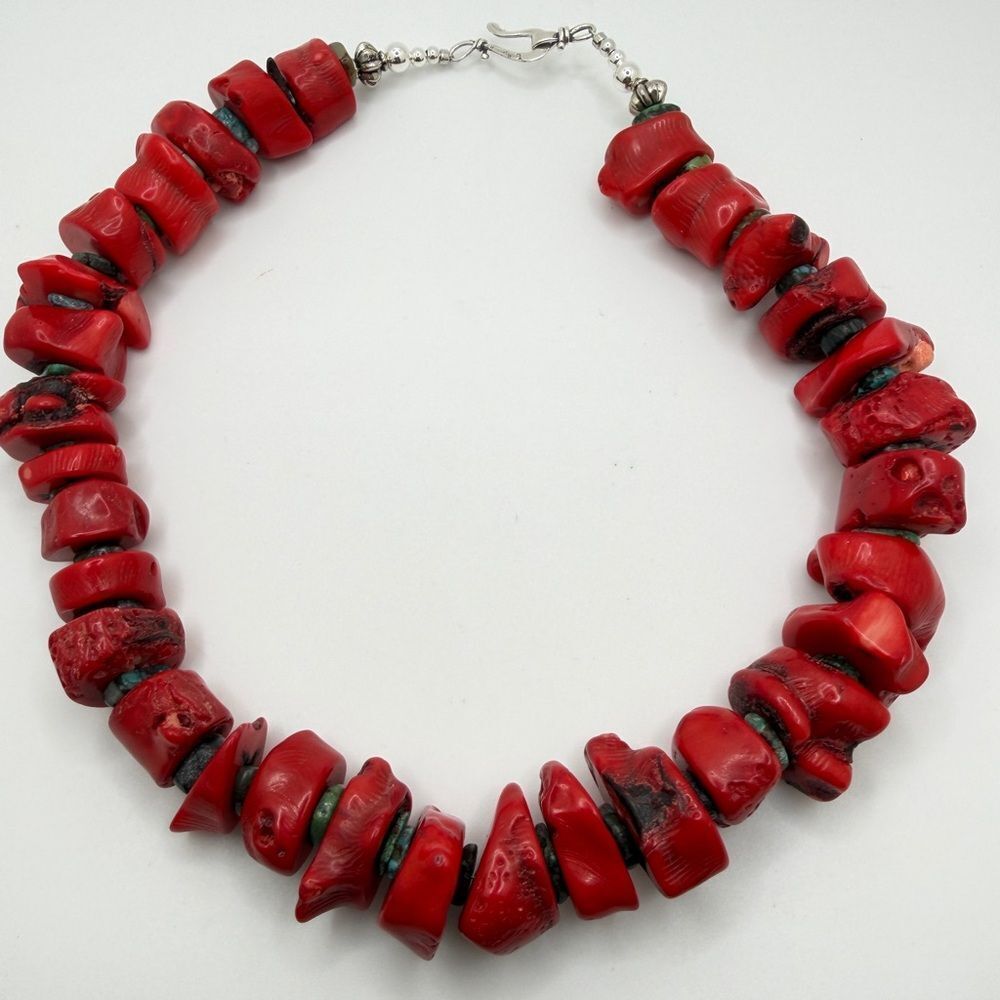 ~17" Revived! Dyed Coral chunks and rondelle turquoise beaded necklace w/ 925!